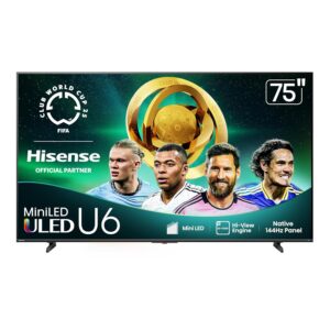 Hisense 75″ Class U6 Series Mini-LED 4K UHD Smart Fire TV (75U65QF, 2025 Model) – QLED, Native 144Hz, HDR10+, Dolby Vision IQ, Dolby Atmos, Game Mode Pro, ALLM, Alexa Built in, Black