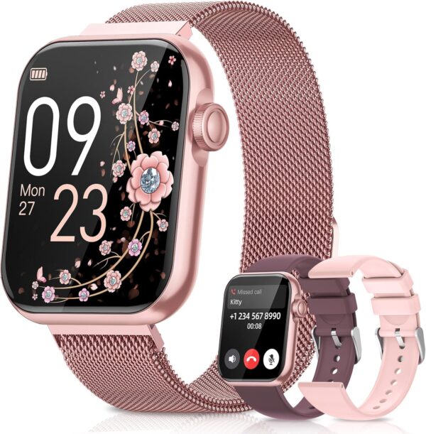 Smart Watches for Women, Health Fitness Watch for Android iPhone, Sleep/Heart Rate/SpO2/Blood Pressure Monitor, 1.85'' Smartwatch for Calls/SMS/Notifications, 100+ Sports Modes, 300+ Dials, 3 Bands