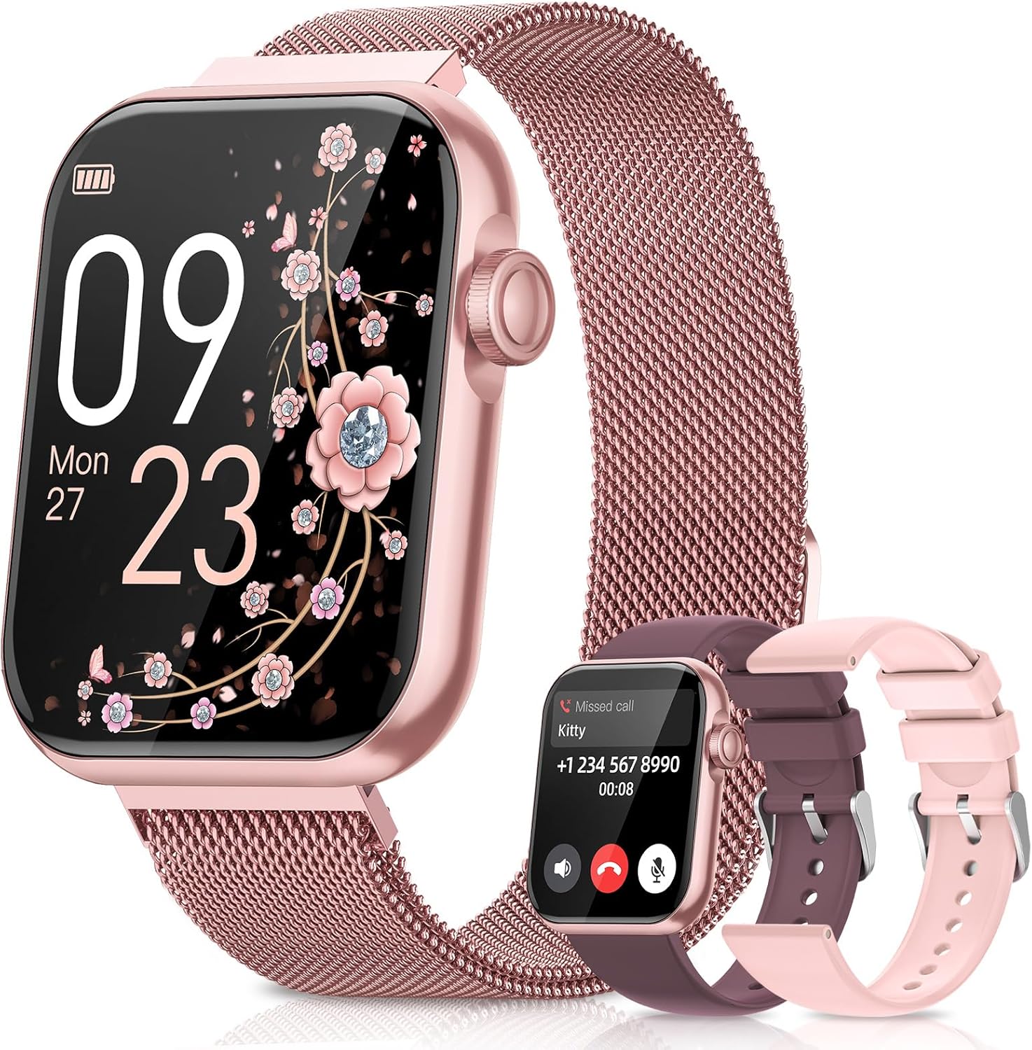 Smart Watches for Women, Health Fitness Watch for Android iPhone, Sleep/Heart Rate/SpO2/Blood Pressure Monitor, 1.85'' Smartwatch for Calls/SMS/Notifications, 100+ Sports Modes, 300+ Dials, 3 Bands