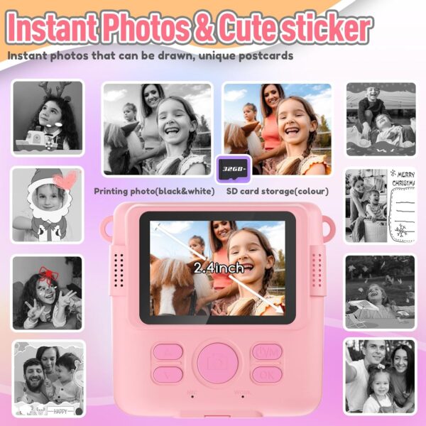 Instant Print Camera for Kids, Christmas Birthday Gifts Girls Boys Age 3-12, HD Digital Video Cameras Toddler, Portable Toy 3 4 5 6 7 8 9 10 Year Old Girl with 32GB SD Card-Pink - Image 3