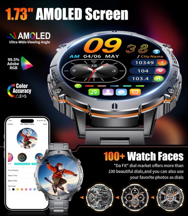 LIGE Smart Watches for Men with 900mAh Battery(60+Standby),1.73" AMOLED with Bluetooth Call,110+ Sports Mode Tactical Fitness Tracker/Heart Rate Sleep Health Monitor/Android iOS Military Smart Watch - Image 4
