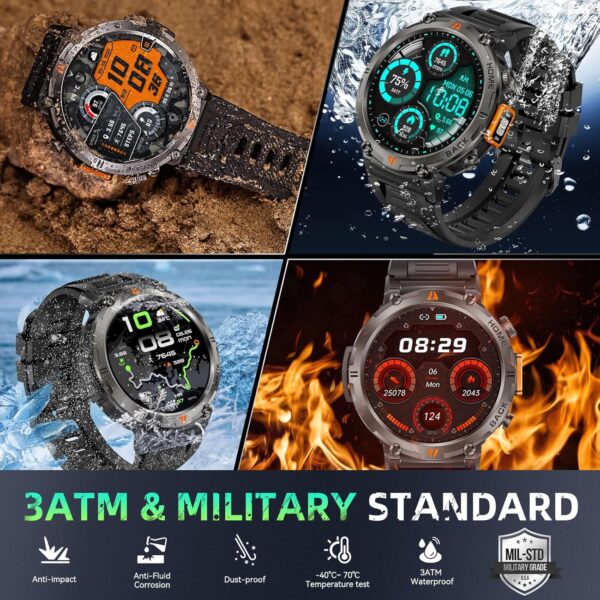 Military Smart Watches for Men Built-in GPS 3ATM Waterproof with Call/LED Flashlight, 1.45" Rugged Tactical Smartwatch with Compass, Fitness Tracker with HR/SPO2/Sleep Monitor for iPhone Android - Image 2