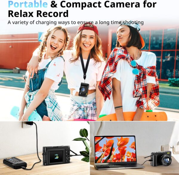 4K Digital Camera for Photography and Video, Autofocus 48MP Vlogging Camera for YouTube with 3'' 180°Flip Screen 16X Zoom Compact Travel Cameras with SD Card, 2 Batteries, Anti-Shake, Flash (Black) - Image 5