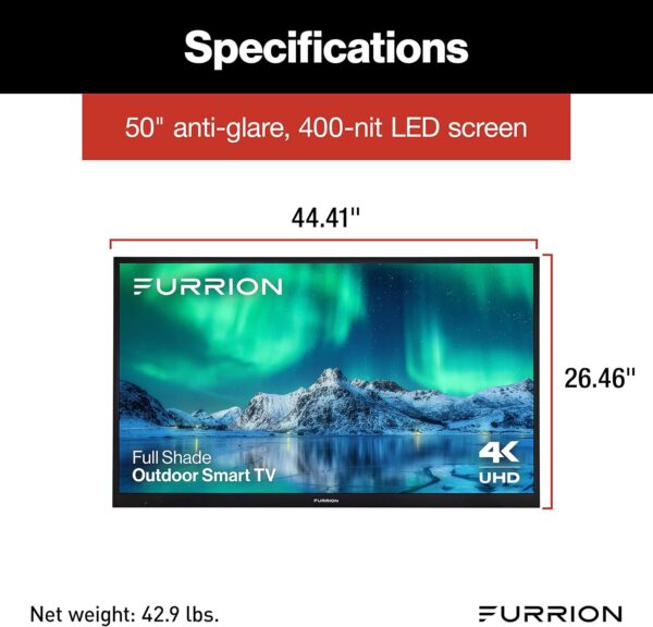 Furrion Aurora 50-Inch Full-Shade 4K LED Outdoor Smart TV - Weatherproof Outdoor Television w/ HDR10, Anti-Glare, 400-Nit LED Screen, Impact-Resistant Screen, External Antenna for Shaded Outdoor Areas - Image 5