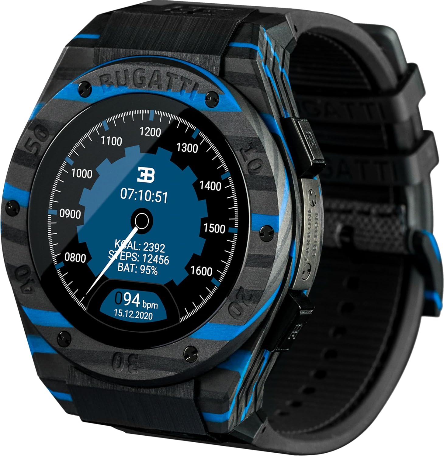 Wearable4U Bugatti Carbone Watch for Men, Limited Edition, 46 mm AMOLED Display, Water-Resistant Smartwatch