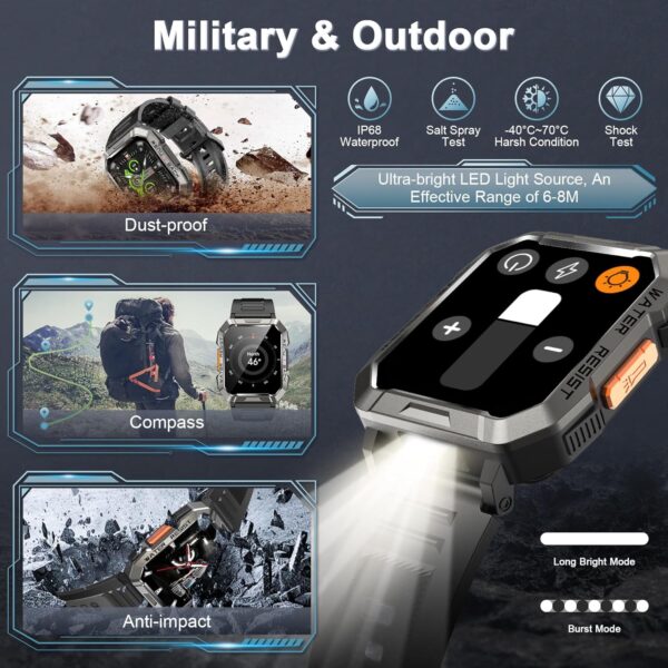 Military Smart Watch for Men(Answer/Make Call), Outdoor Sports Smartwatch with Flashlight/100 Days Battery/Compass/Heart Rate/SpO2/Sleep Monitor/2 Straps, Fitness Tracker for iPhone/Android Phones - Image 2