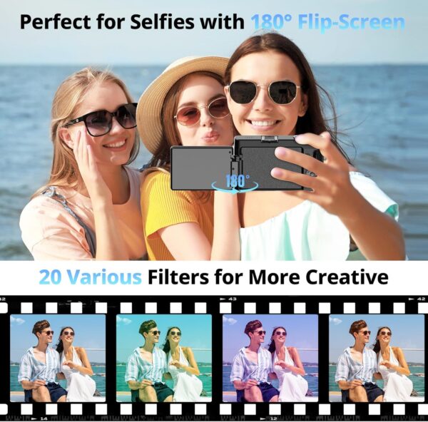 4K Digital Camera for Photography and Video, Autofocus 48MP Vlogging Camera for YouTube with 3'' 180°Flip Screen 16X Zoom Compact Travel Cameras with SD Card, 2 Batteries, Anti-Shake, Flash (Black) - Image 4