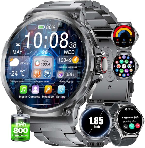 SUNKTA EF10 Smart Watch for Men, 1.85" Extra Large Screen Smartwatches, 30 Days Long Battery, 100+ Sports Mode/Pedometer/IP68 Waterproof, Fitness Tracker Watch Compatible Android iOS, 3 Straps