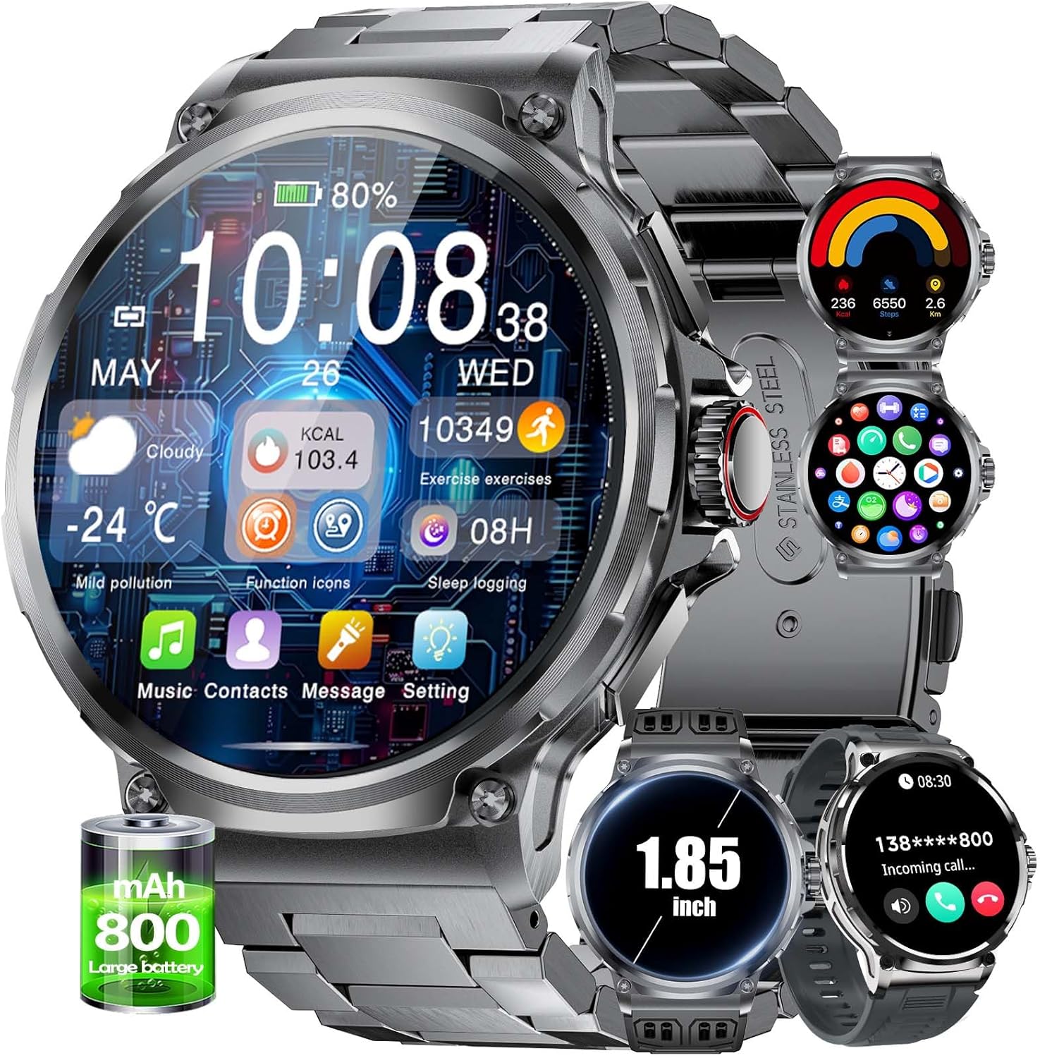 SUNKTA EF10 Smart Watch for Men, 1.85" Extra Large Screen Smartwatches, 30 Days Long Battery, 100+ Sports Mode/Pedometer/IP68 Waterproof, Fitness Tracker Watch Compatible Android iOS, 3 Straps