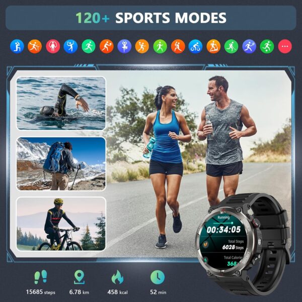 Military Smart Watch for Men, 100 Days Battery/Led Flashlight/Compass/2 Straps/IP68 Waterproof Smart Watches for Men, Tactical Smart Watch Outdoor, Answer/Make Calls Fitness Tracker for iPhone/Android - Image 7