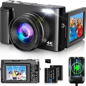 4K Digital Camera for Photography and Video, Autofocus 48MP Vlogging Camera for YouTube with 3” 180°Flip Screen 16X Zoom Compact Travel Cameras with SD Card, 2 Batteries, Anti-Shake, Flash (Black)