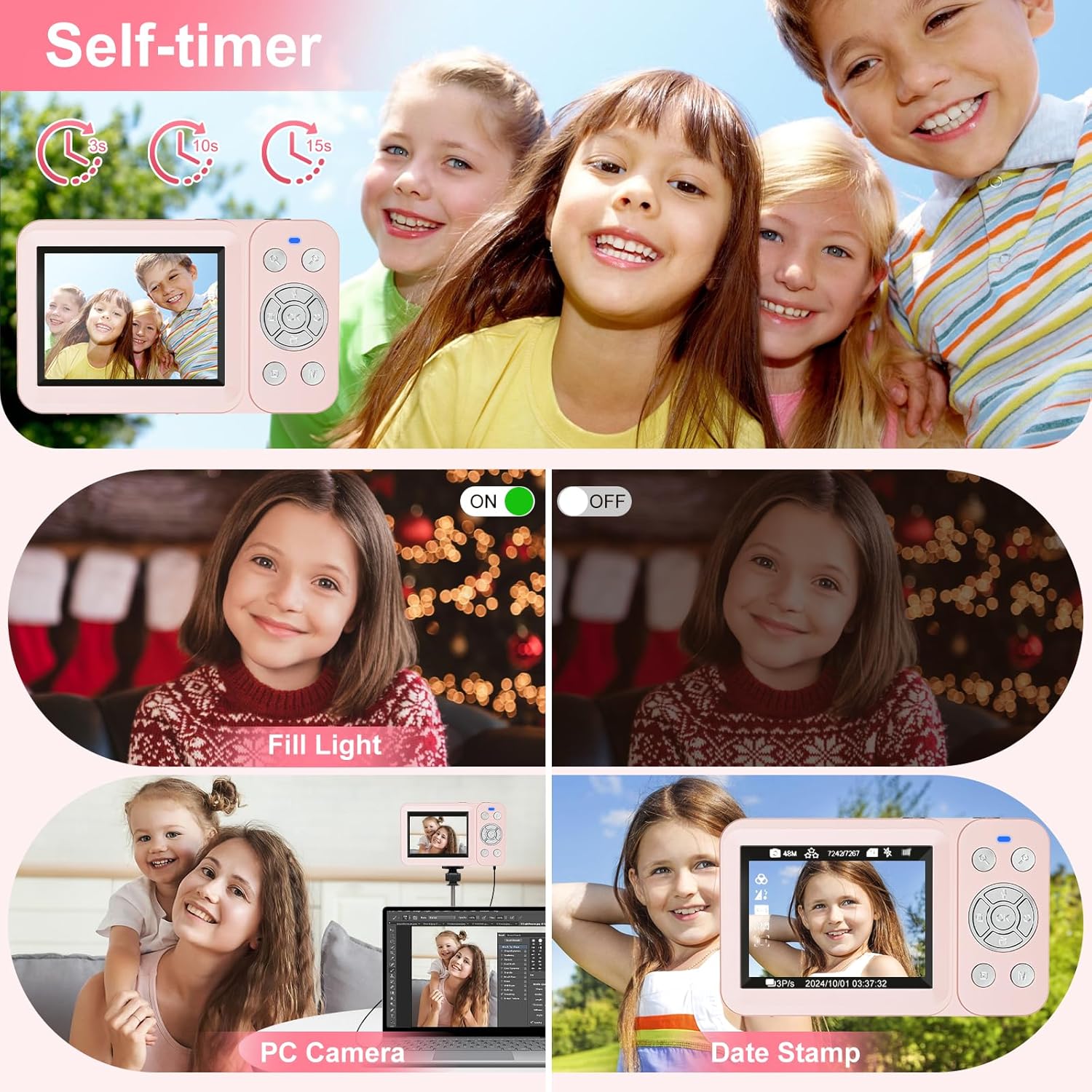 Digital Camera, 4K 64MP, 18X Zoom, Point and Shoot Digital Camera with 64GB SD Card & 2 Batteries, Portable Rechargeable Small Camera for Kids Teens Adult, Pink - Image 6