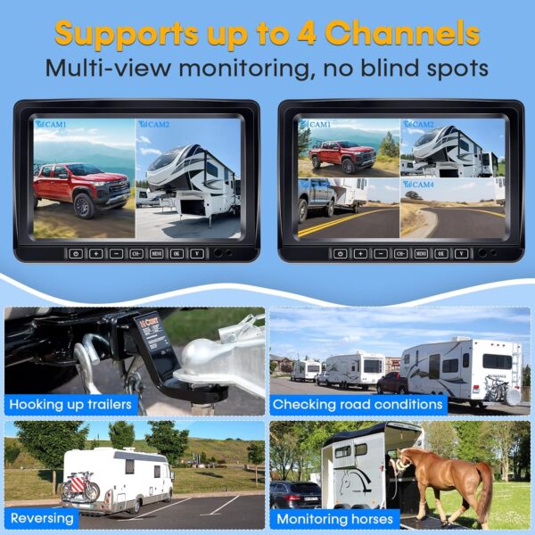 Dual Wireless Backup Camera for RV Trailer: Easy Setup Solar RV Rear View Camera with 7-inch Recording Monitor - 4 Channels Strong Magnetic HD 1080P Long-Battery Life for Camper, Truck, Fifth Wheel - Image 5