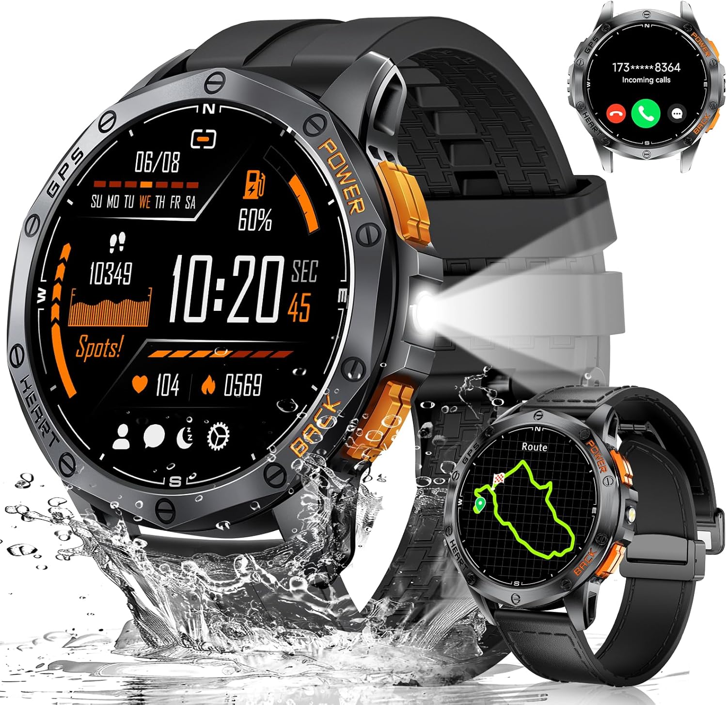LIGE GPS Military Smart Watch for Men, LED Flashlight/Compass/45 Days Battery/IP68 Waterproof 1.43'' AMOLED Smartwatch, 100+ Sports Modes Fitness Tracker Watch, Rugged Smart Watches for Android iOS
