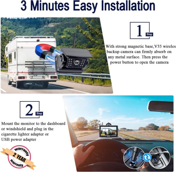 Wireless Backup Camera Solar Magnetic: Portable Cordless Scratch-Proof Truck Trailer Hitch Rear View Camera HD 1080P No Wiring No Drilling Rechargeable 5'' Monitor Kit for Car RV Camper - DoHonest R50 - Image 2