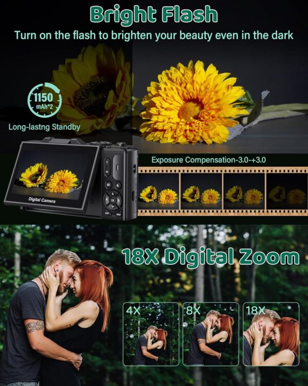 5K Digital Camera for Photography - WiFi 75MP Vlogging Cameras for YouTube - UHD Autofocus Video Camera 3" 180° Flip Screen with 18X Zoom - Compact Vlog Travel Camara with 32GB SD Card, 2 Batteries - Image 5
