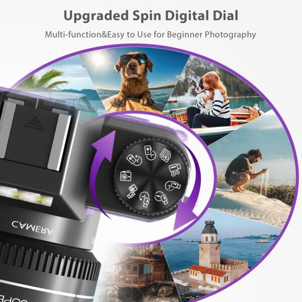 4K Digital Camera for Photography & Vlogging, 56MP YouTube Camera with WiFi, 3" 180° Flip Screen, 16X Digital Zoom, 52mm Wide Angle & Macro Lens, 32GB TF Card, 2 Batteries – Purple - Image 6