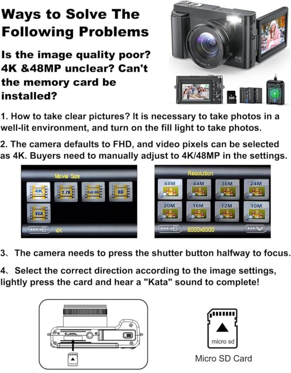 4K Digital Camera for Photography and Video, Autofocus Anti-Shake 48MP Vlogging Camera for YouTube, 3'' 180°Flip Screen Camera with Flash 16X Zoom, Digital Camera with 32GB Card Battery Charger Black - Image 8