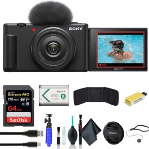 Sony ZV-1F Vlogging Camera Black ZV1F/B, Case, 64GB Card, Card Reader, Flex Tripod, Memory Card Wallet, Cap Keeper, Cleaning Kit