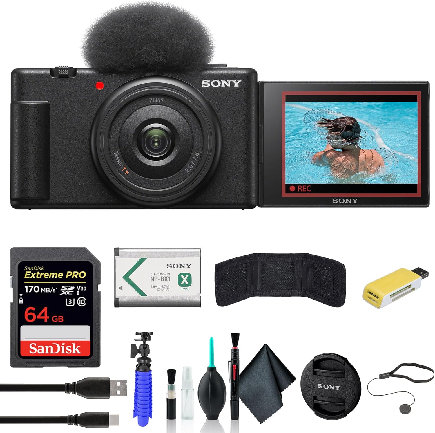 Sony ZV-1F Vlogging Camera Black ZV1F/B, Case, 64GB Card, Card Reader, Flex Tripod, Memory Card Wallet, Cap Keeper, Cleaning Kit