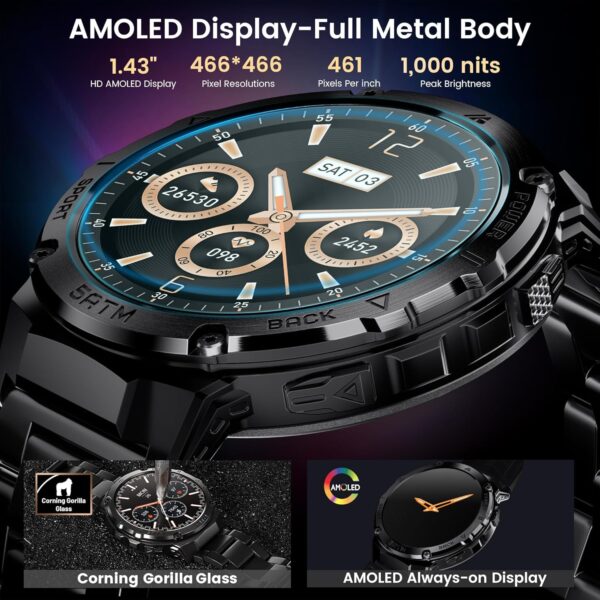 GPS Smart Watch for Men, 6 Satellite Positioning, Compass, Stainless Steel Body, 50M Waterproof, 480mAh Extra-Large Battery, Answer/Make Call, 1.43" AMOLED Screen, Compatible to Android iOS - Image 4