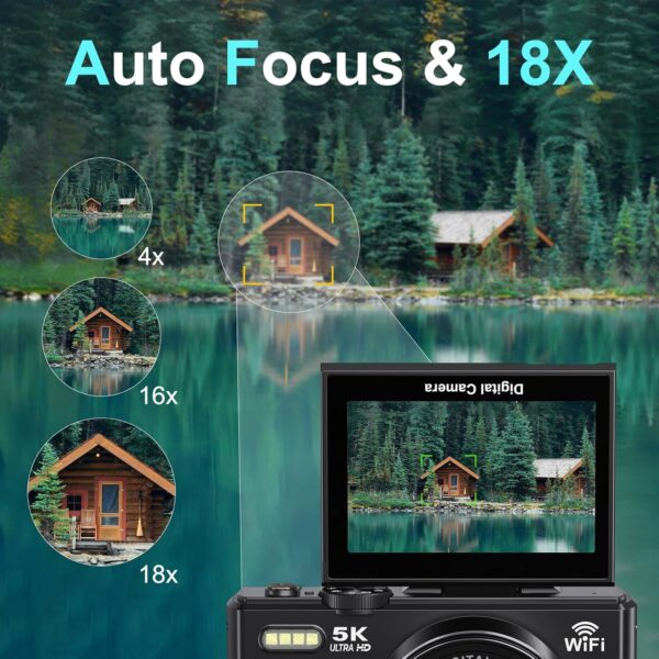 Digital Cameras for Photography 5K - 75MP Vlogging Camera for YouTube WiFi - UHD Autofocus Vlog Camera 3" 180° Flip Screen with 18X Zoom - Travel YouTube Camera Compact with 32GB SD Card, 2 Batteries - Image 4