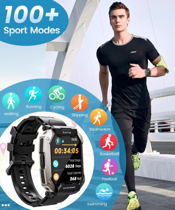 Smart Watch for Men with Answer/Make Call, 100+ Sports Modes Fitness Watch, IP68 Waterproof 80 Days Extra-Long Batter/Stress/Sleep Monitor Smartwatch for Android, Black - Image 6