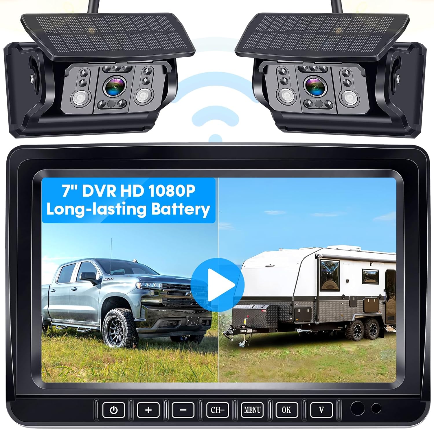 Dual Wireless Backup Camera for RV Trailer: Easy Setup Solar RV Rear View Camera with 7-inch Recording Monitor - 4 Channels Strong Magnetic HD 1080P Long-Battery Life for Camper, Truck, Fifth Wheel