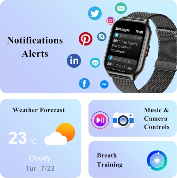 Popglory Smart Watch Answer/Make Calls, 2.01'' Smartwatch with AI Voice Control, Blood Pressure/SpO2/Heart Rate Monitor, Fitness Tracker Watch 2 Straps for Men Women for iOS Android Phones - Image 6