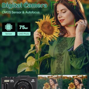 5K Digital Camera for Photography – WiFi 75MP Vlogging Cameras for YouTube – UHD Autofocus Video Camera 3″ 180° Flip Screen with 18X Zoom – Compact Vlog Travel Camara with 32GB SD Card, 2 Batteries