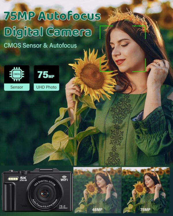 5K Digital Camera for Photography - WiFi 75MP Vlogging Cameras for YouTube - UHD Autofocus Video Camera 3" 180° Flip Screen with 18X Zoom - Compact Vlog Travel Camara with 32GB SD Card, 2 Batteries - Image 2