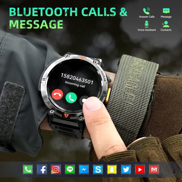 Military Smart Watches for Men Built-in GPS 3ATM Waterproof with Call/LED Flashlight, 1.45" Rugged Tactical Smartwatch with Compass, Fitness Tracker with HR/SPO2/Sleep Monitor for iPhone Android - Image 6