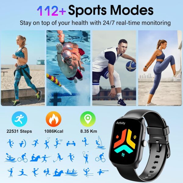 Smart Watch for Men Women, 1.95" HD Curved Screen Smartwatch, Heart Rate/Sleep Monitor Fitness Watches, 112+ Sports Modes Activity Trackers, IP68 Waterproof Watch for Android iOS, Black - Image 4