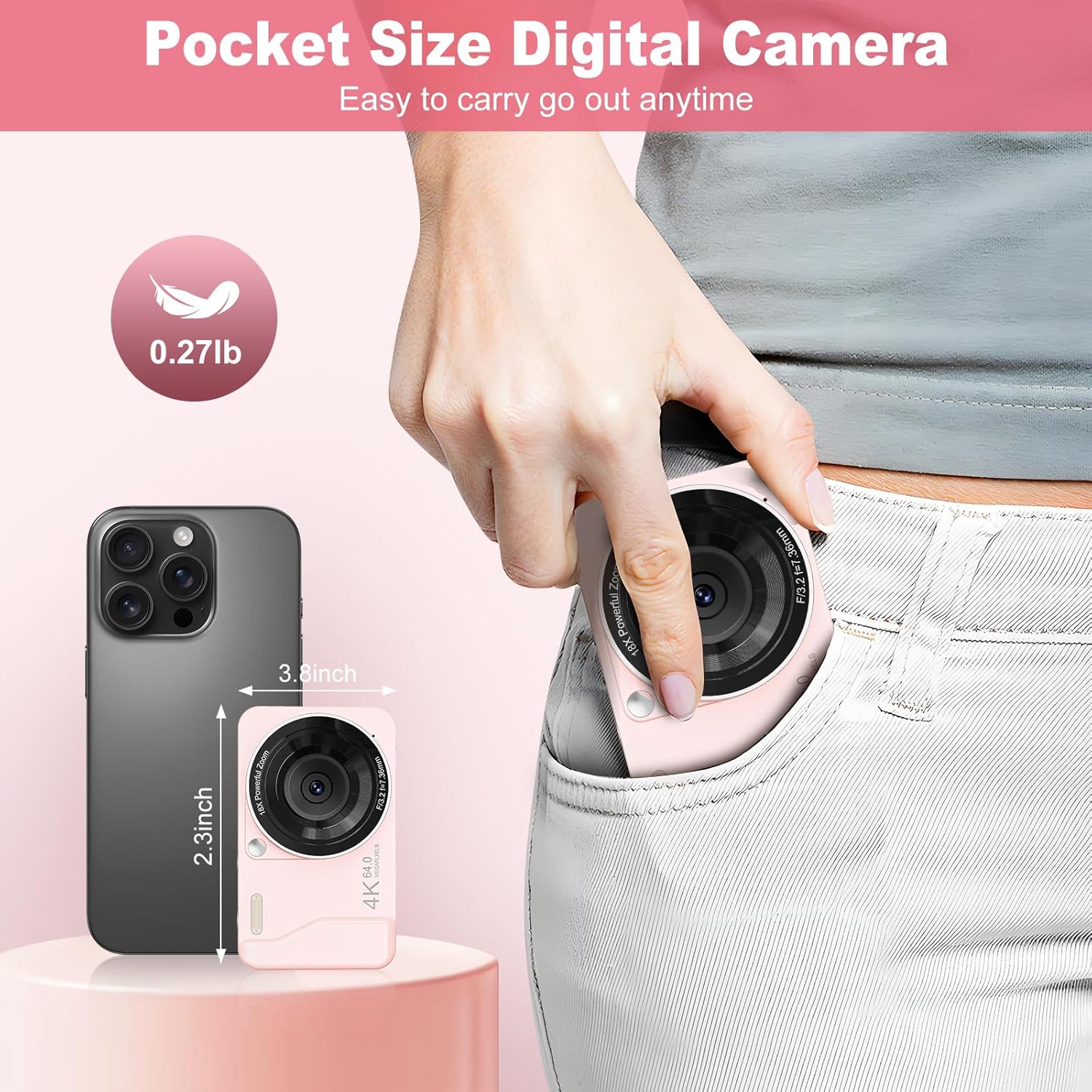 Digital Camera, 4K 64MP, 18X Zoom, Point and Shoot Digital Camera with 64GB SD Card & 2 Batteries, Portable Rechargeable Small Camera for Kids Teens Adult, Pink - Image 3