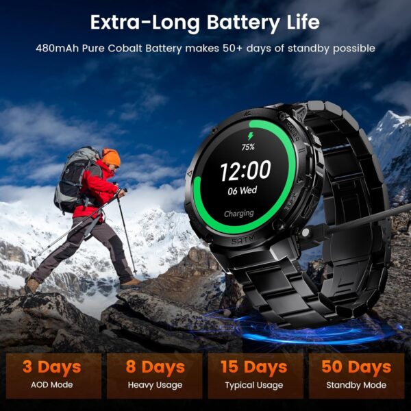 GPS Smart Watch for Men, 6 Satellite Positioning, Compass, Stainless Steel Body, 50M Waterproof, 480mAh Extra-Large Battery, Answer/Make Call, 1.43" AMOLED Screen, Compatible to Android iOS - Image 8