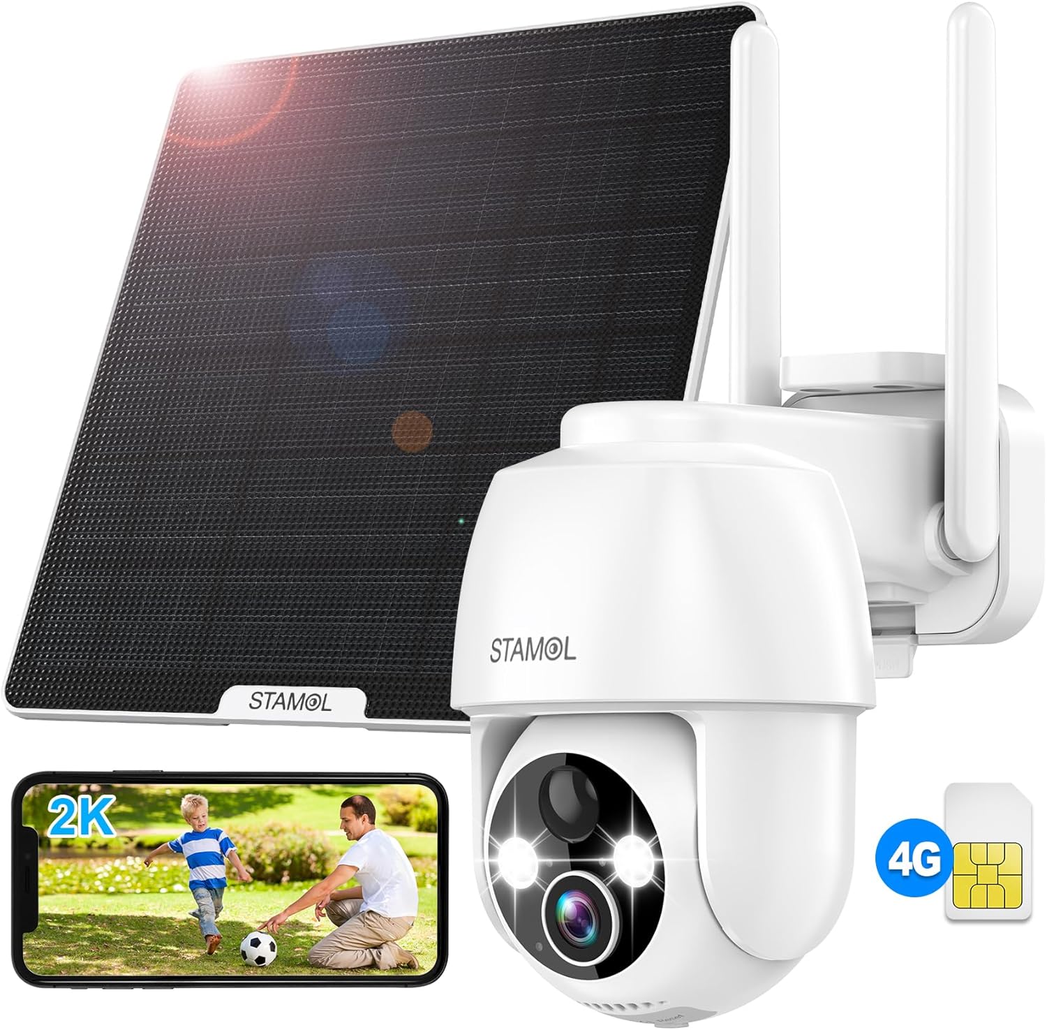 4G LTE Cellular Solar Security Camera, Wireless Outdoor Solar Powered Camera No WiFi Needed, 2K Color Night Vision, 360° Full View, PIR Motion Detection & Siren, 2 Way Talk (SIM Card Included)