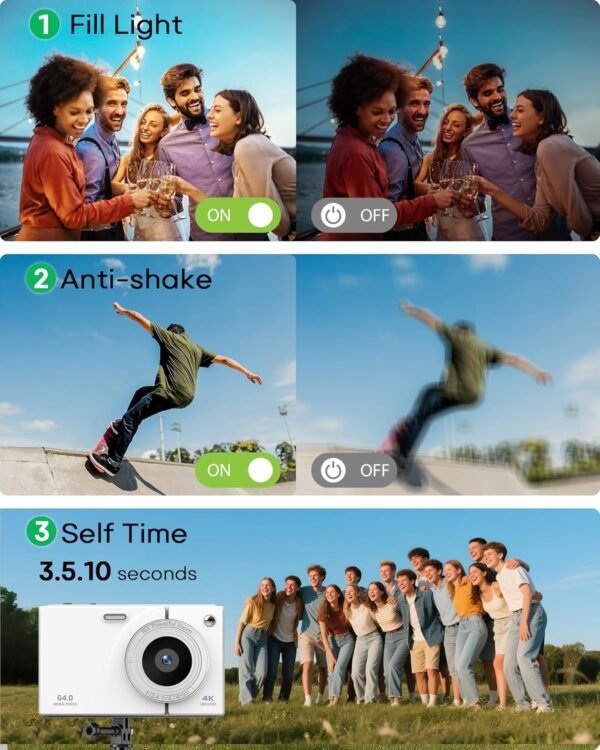 Digital Camera, 4K Vlogging Camera with Autofocus, 64MP, 16X Zoom, 64GB Card Included, Built-in Battery, Compact Digital Camera for Teens Adult Beginners, Ideal for Travel & YouTube - White - Image 6