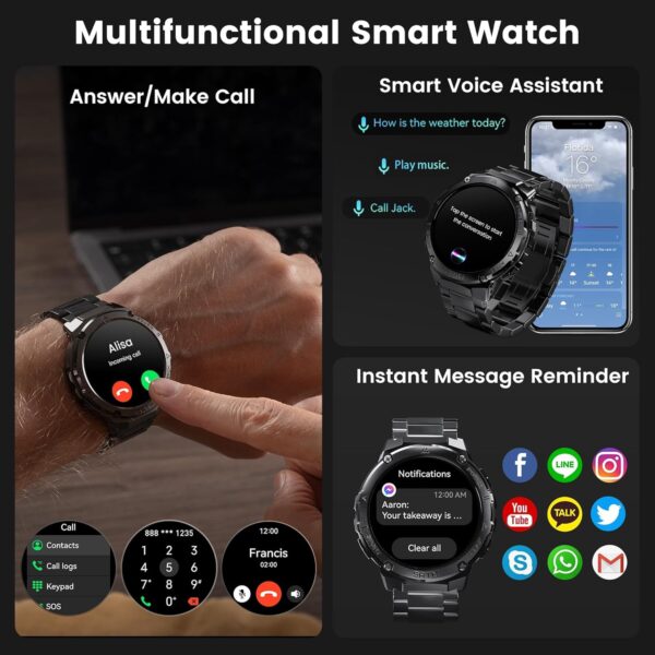 GPS Smart Watch for Men, 6 Satellite Positioning, Compass, Stainless Steel Body, 50M Waterproof, 480mAh Extra-Large Battery, Answer/Make Call, 1.43" AMOLED Screen, Compatible to Android iOS - Image 3