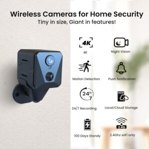 2025 Upgraded Security Camera, 4K HD Mini Nanny Cam for Home with Night Vision, WiFi Indoor Camera, 100 Days Long Battery Life, Motion Detection, Remote Viewing, Wireless Surveillance Cam