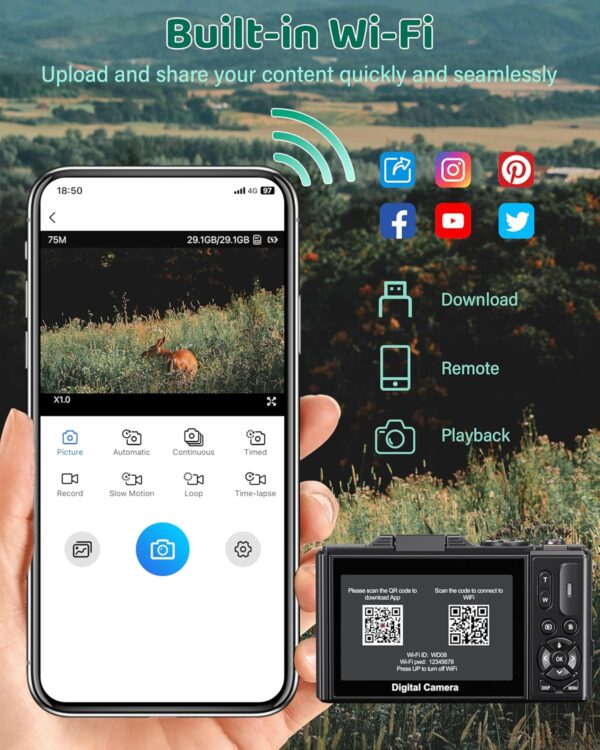 5K Digital Camera for Photography - WiFi 75MP Vlogging Cameras for YouTube - UHD Autofocus Video Camera 3" 180° Flip Screen with 18X Zoom - Compact Vlog Travel Camara with 32GB SD Card, 2 Batteries - Image 6