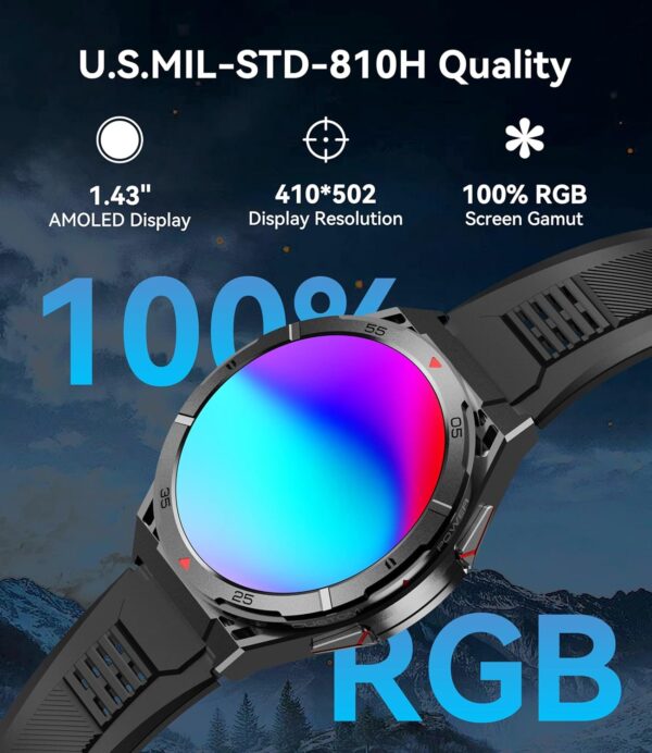 OUKITEL Smart Watch for Men GPS Watch, 1.43" AMOLED Display, 5ATM Waterproof Military Watch, 150+ Sport Modes, Fitness Activity Tracke with Compass Pedometer Sleep Monitor Heart Rate, for Android iOS - Image 3