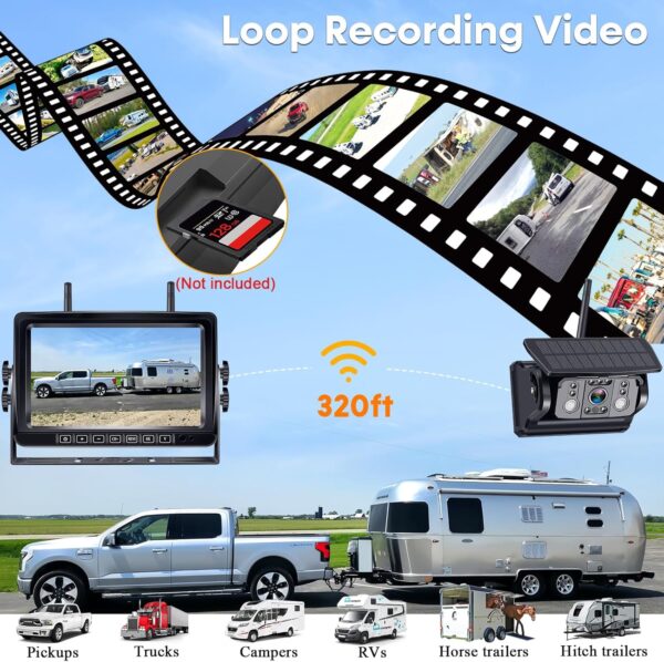 Dual Wireless Backup Camera for RV Trailer: Easy Setup Solar RV Rear View Camera with 7-inch Recording Monitor - 4 Channels Strong Magnetic HD 1080P Long-Battery Life for Camper, Truck, Fifth Wheel - Image 4