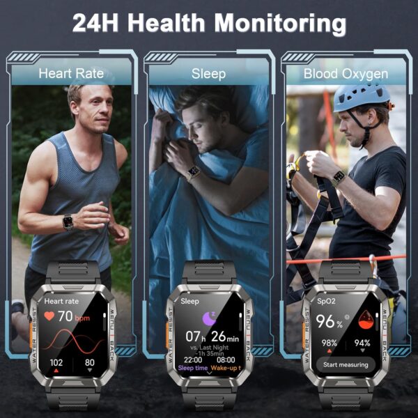 Military Smart Watch for Men(Answer/Make Call), Outdoor Sports Smartwatch with Flashlight/100 Days Battery/Compass/Heart Rate/SpO2/Sleep Monitor/2 Straps, Fitness Tracker for iPhone/Android Phones - Image 5