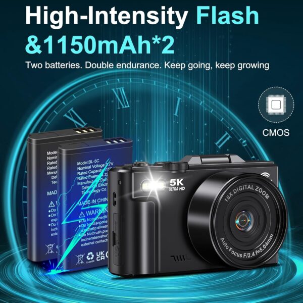 Digital Cameras for Photography 5K - 75MP Vlogging Camera for YouTube WiFi - UHD Autofocus Vlog Camera 3" 180° Flip Screen with 18X Zoom - Travel YouTube Camera Compact with 32GB SD Card, 2 Batteries - Image 8