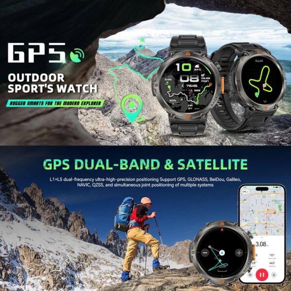 Military Smart Watches for Men Built-in GPS 3ATM Waterproof with Call/LED Flashlight, 1.45" Rugged Tactical Smartwatch with Compass, Fitness Tracker with HR/SPO2/Sleep Monitor for iPhone Android - Image 3