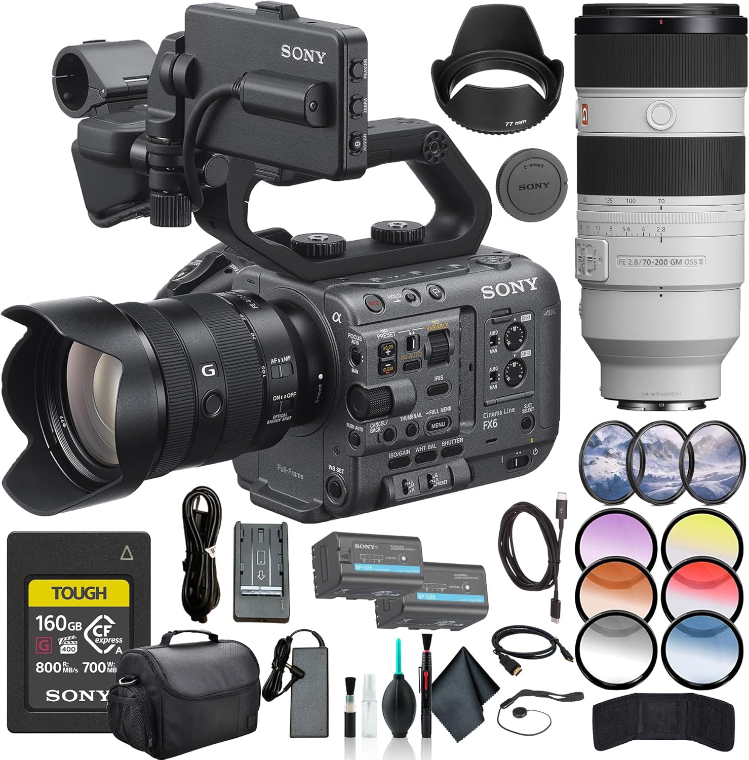 Sony FX6 Digital Cinema Camera Kit with 24-105mm Lens ILME-FX6VK, FE 70-200mm Lens, 160GB Memory Card, BP-U35 Battery, Filter Kit, Color Filter Kit, Lens Hood, Bag, and More