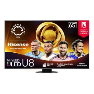 Hisense 65″ Class U8 Mini-LED ULED 4K UHD Google Smart TV (65U8QG, 2025 Model) – QLED, Native 165Hz, VRR 288, Up to LD5600, 5000 Nits, HDR10+, Dolby Vision IQ · Atmos, IMAX Enhanced, 4.1.2 Ch Audio