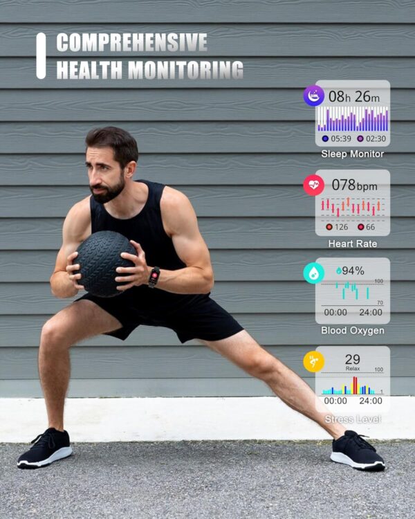 Fitness Tracker, Smart Watch for Women Men with 24/7 Heart Rate/Blood Pressure/Blood Oxygen Monitor,Sleep Tracker,Step & Calorie Counter, IP68 Waterproof Fitness Watches Compatible with Android&iPhone - Image 3