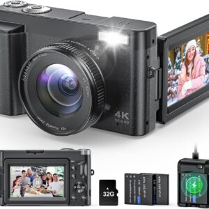4K Digital Camera for Photography and Video, Autofocus Anti-Shake 48MP Vlogging Camera for YouTube, 3” 180°Flip Screen Camera with Flash 16X Zoom, Digital Camera with 32GB Card Battery Charger Black