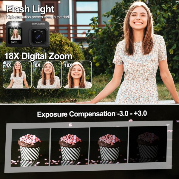Upgraded 5K Dual Screen Digital Camera,80MP Vlog Photography Camera for YouTube,Campus,Travel,Compact Point & Shoot Camera for Teens & Beginners with Autofocus,18x Zoom,Anti-Shake,Black - Image 7